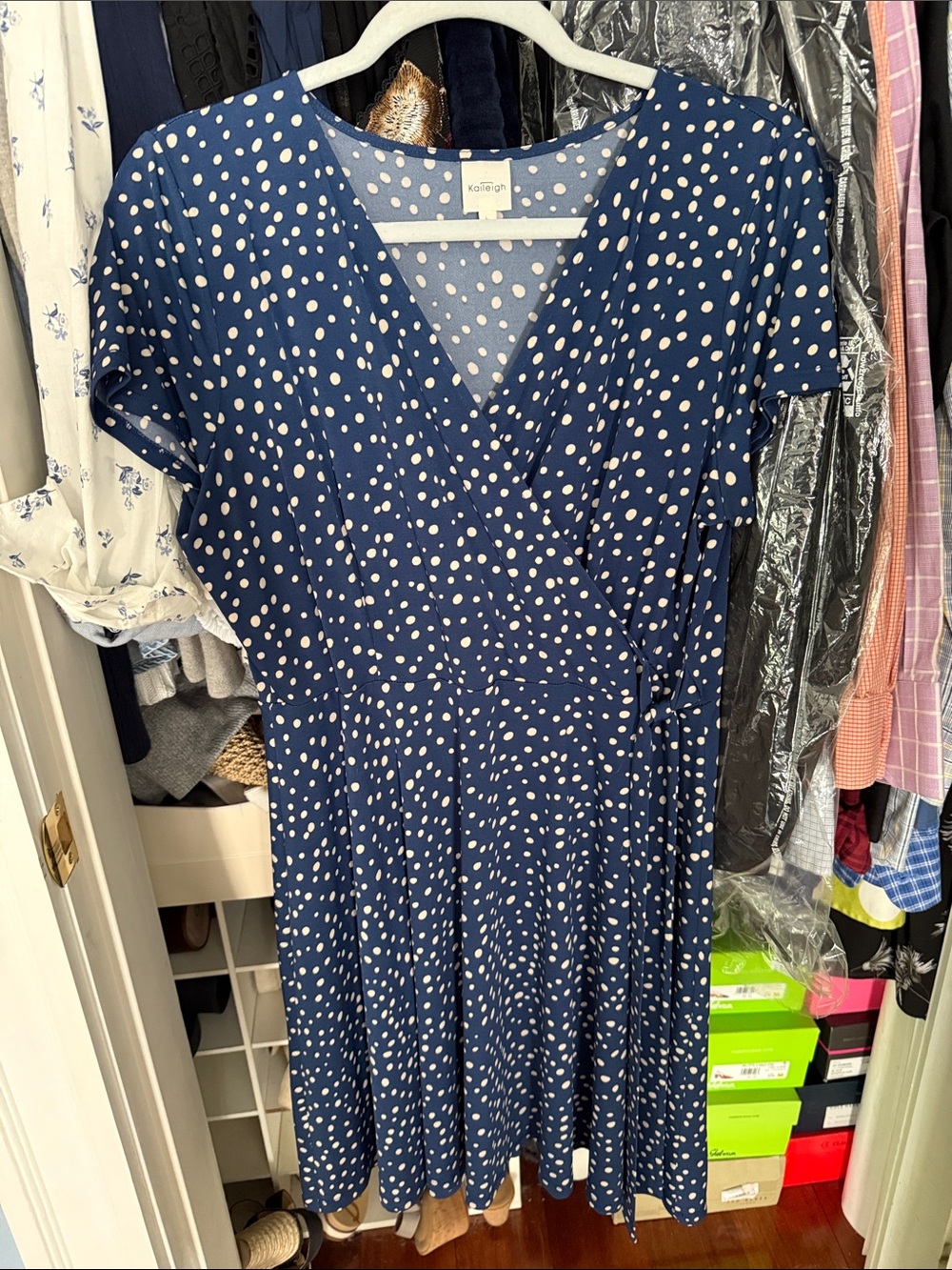 Kaileigh Navy and White Polka Dot Faux-Wrap Midi Dress